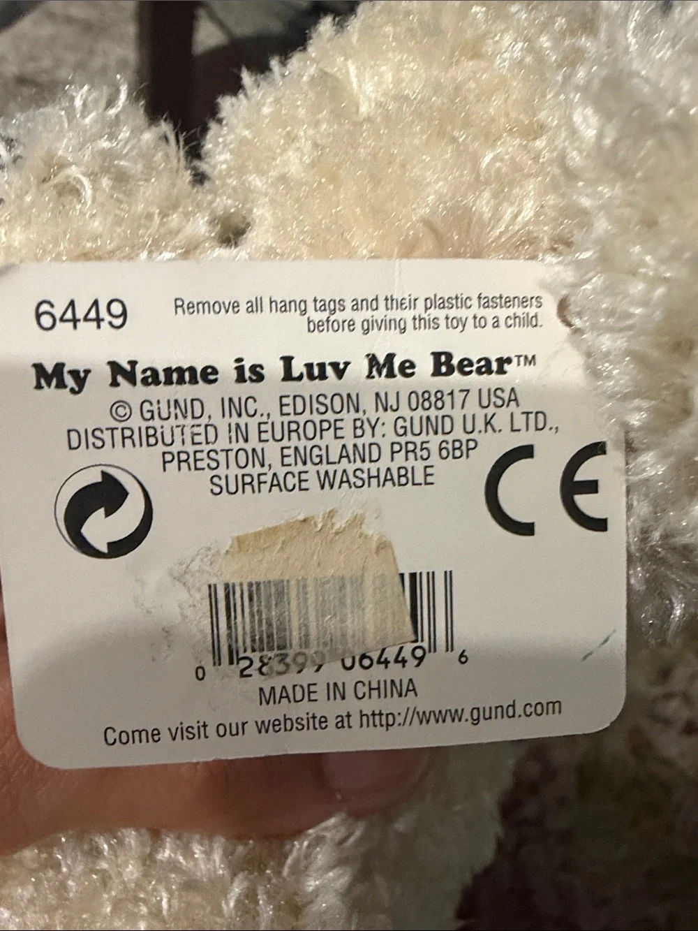 Gund 12” Vintage Luv Me Bear Cream Plush Bear with Green Gingham Bow